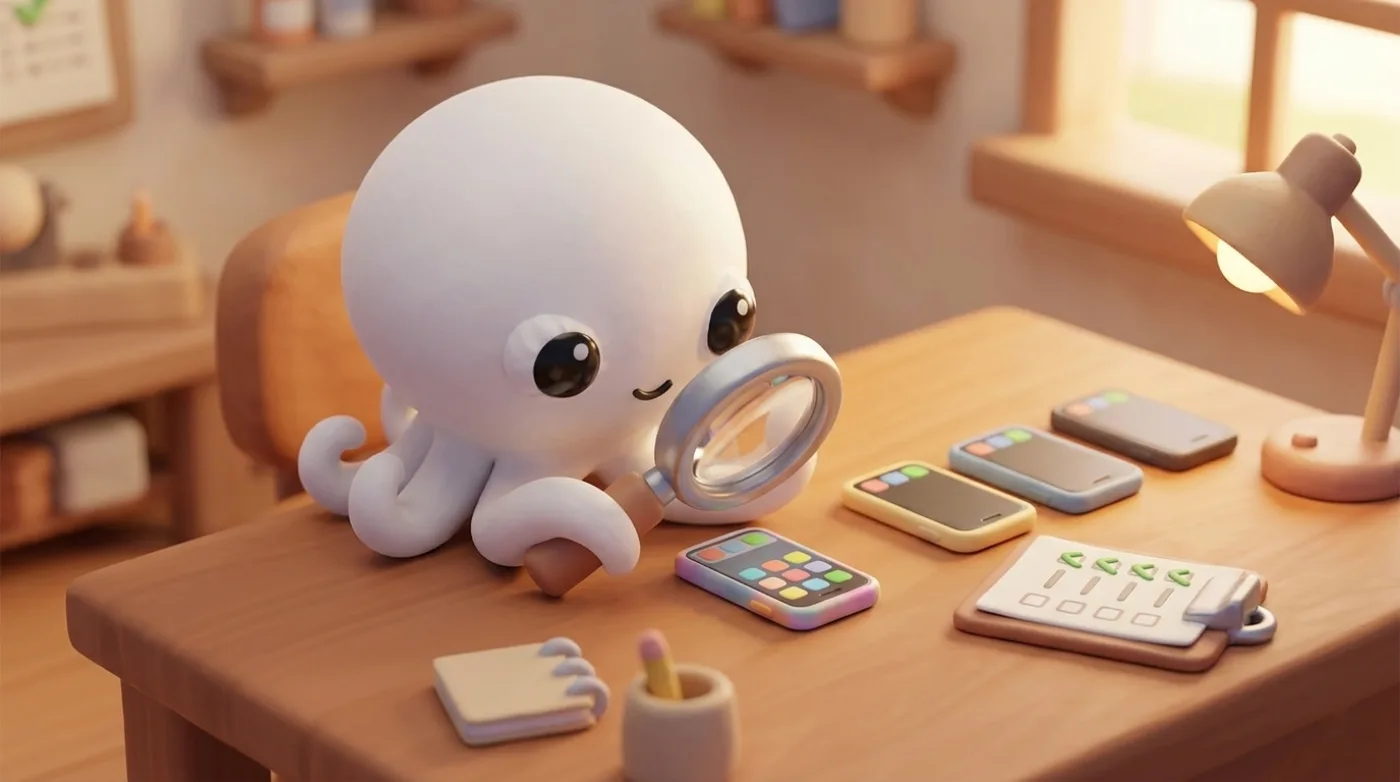 Octo ogląda telefon przez lupę, obok lista kontrolna z zaznaczonymi punktami