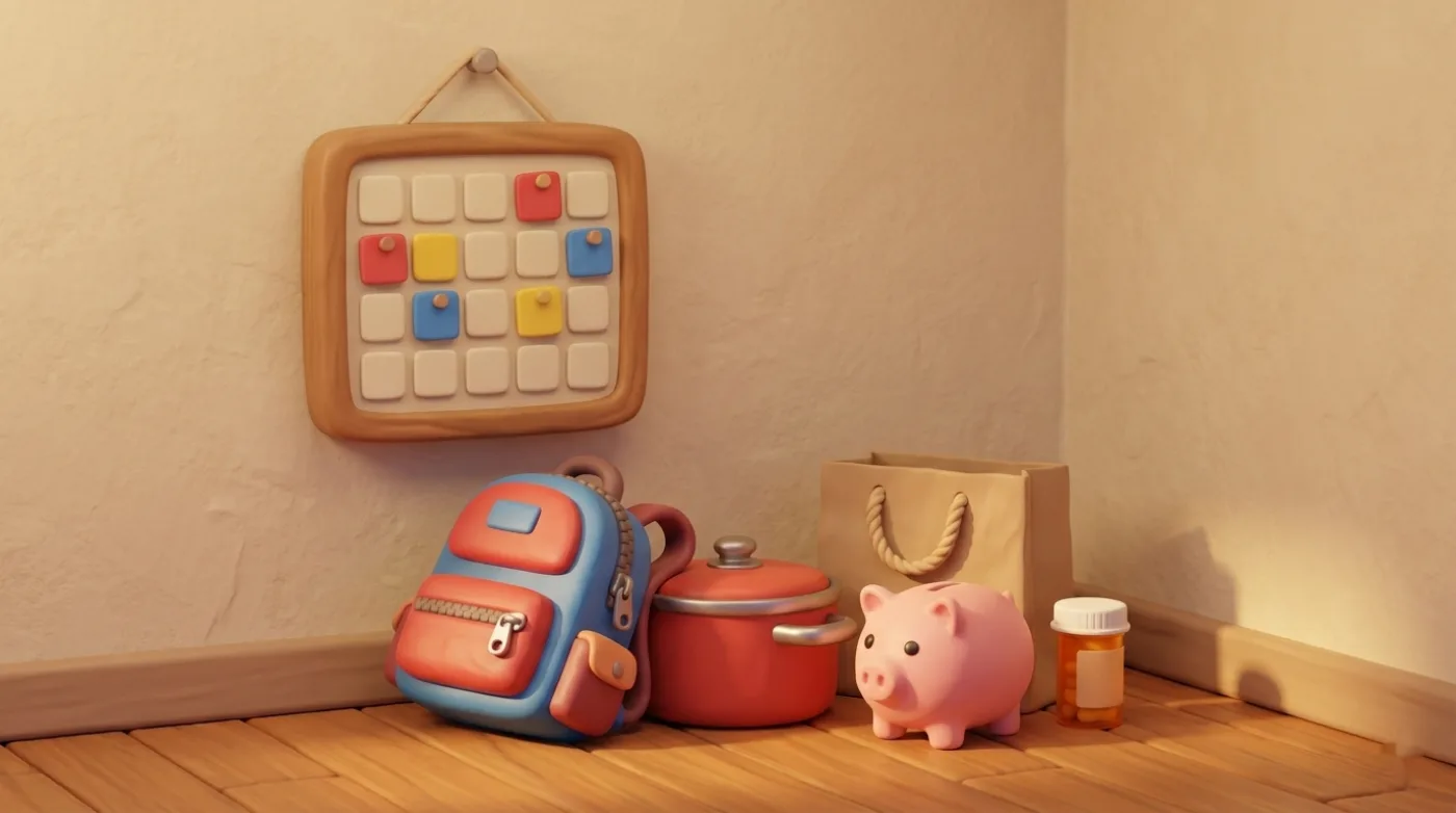 A tidy calendar on the wall and, on the floor below, everything it cannot hold: meals, shopping, medicine, money, school