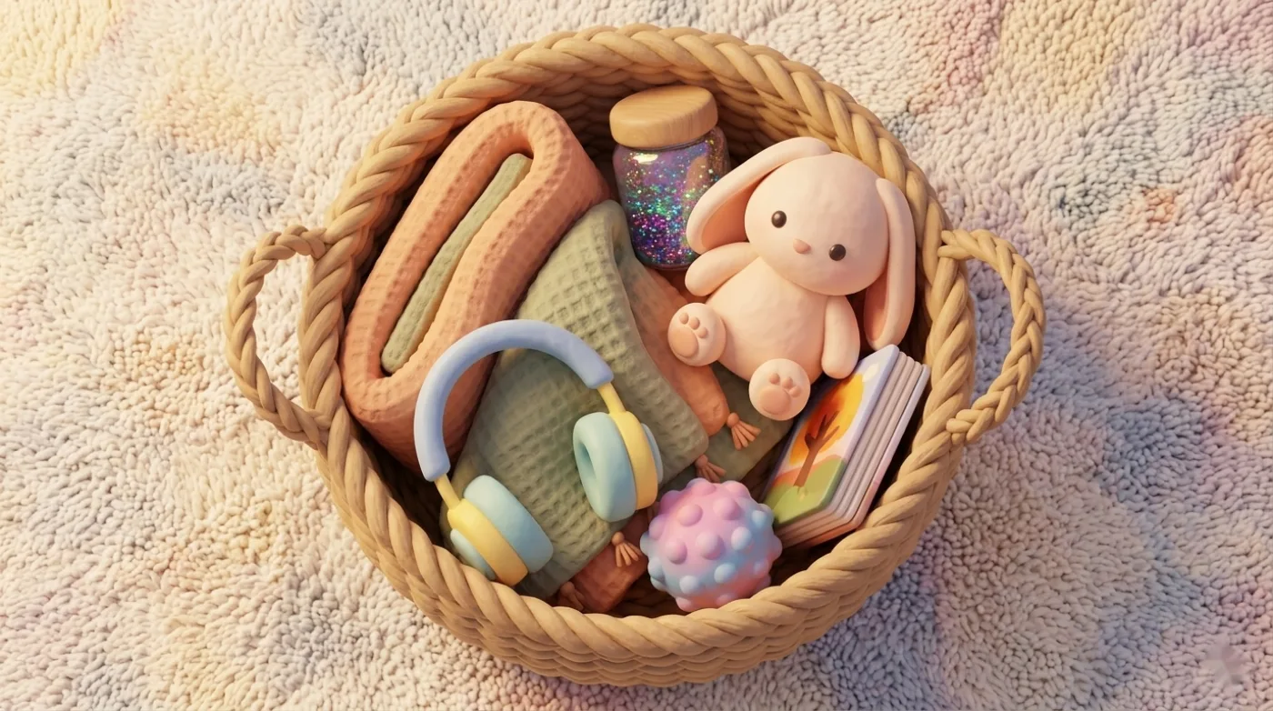 A basket of calm-down tools: glitter jar, plush bunny, squishy ball, headphones, a book and a blanket