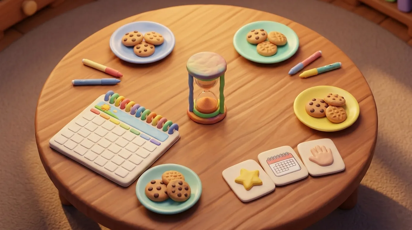 A family meeting table from above: cookies, a sand timer, a calendar and three cards — wins, the week ahead, needs
