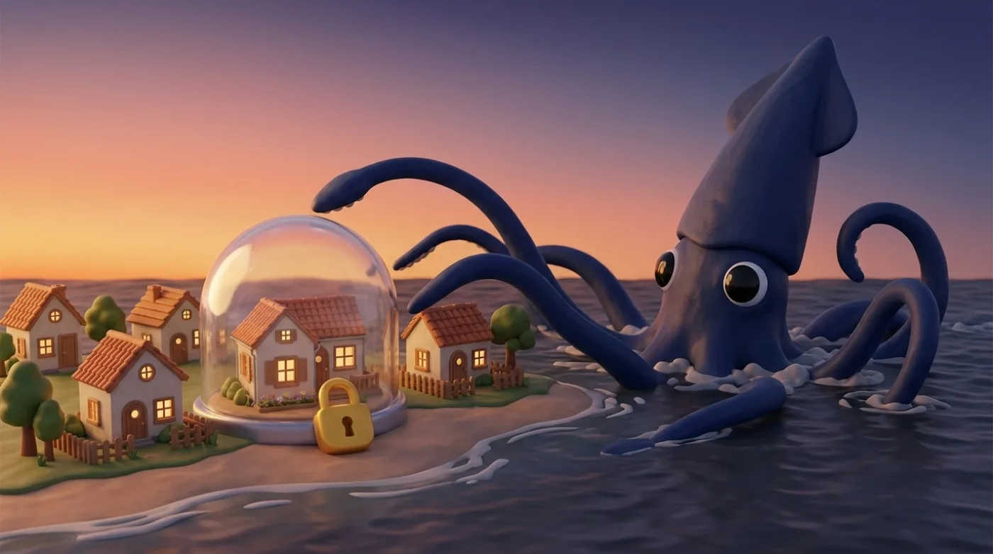 Wielki granatowy kraken sięga mackami po domki na brzegu, a jeden domek stoi bezpiecznie pod szklaną kopułą z kłódką