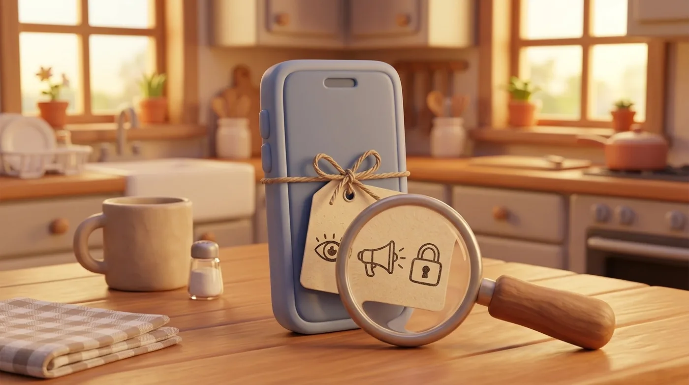 Telefon z etykietą jak na jogurcie, a pod lupą trzy symbole: oko, megafon i kłódka