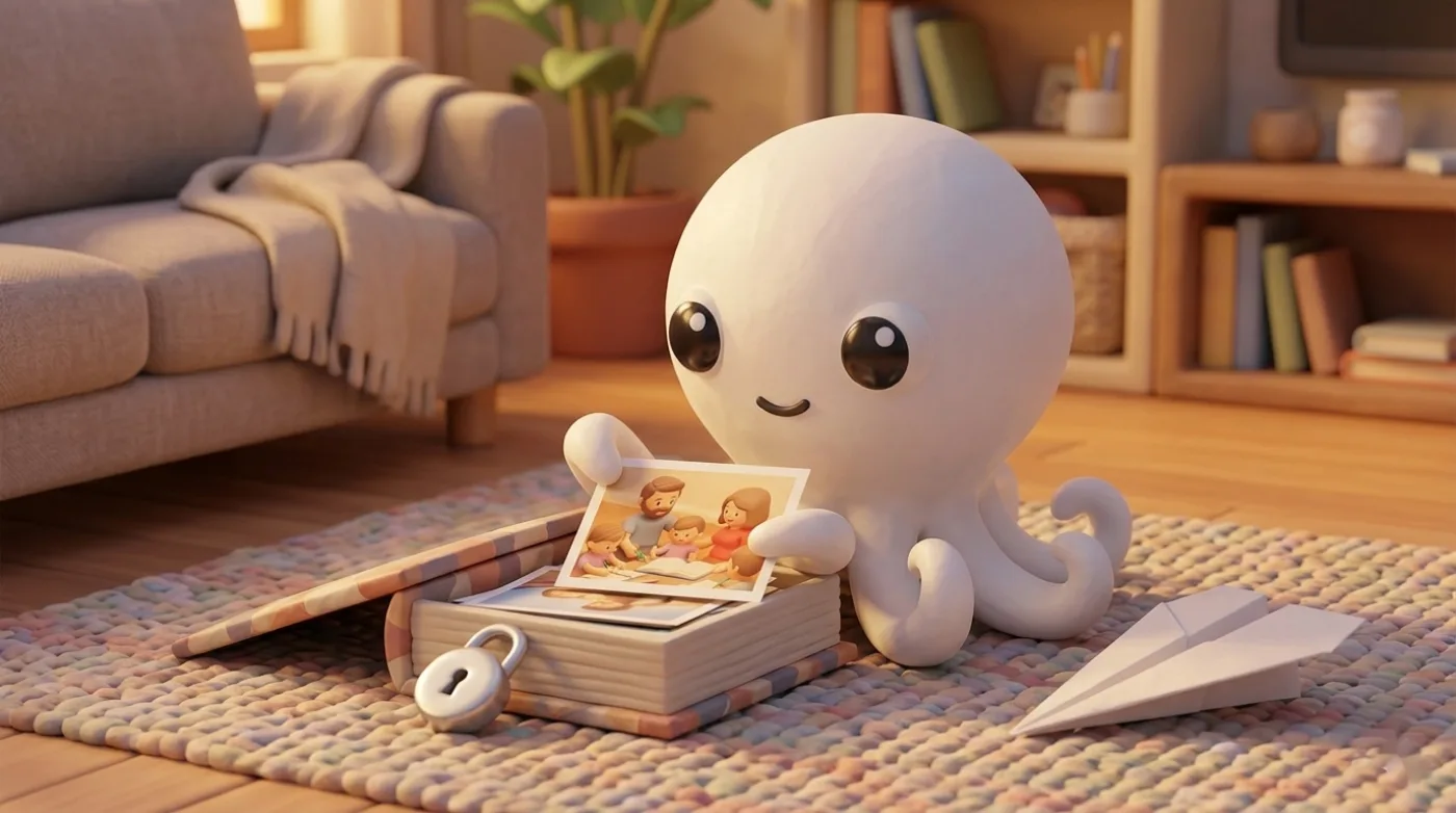 Octo wkłada rodzinne zdjęcie do albumu zamykanego na kłódkę, a papierowy samolot leży nieużyty
