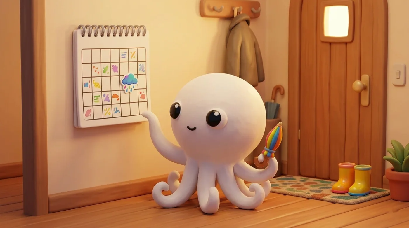 Octo podaje parasol, bo w kalendarzu na jutro jest chmurka, a kalosze już czekają