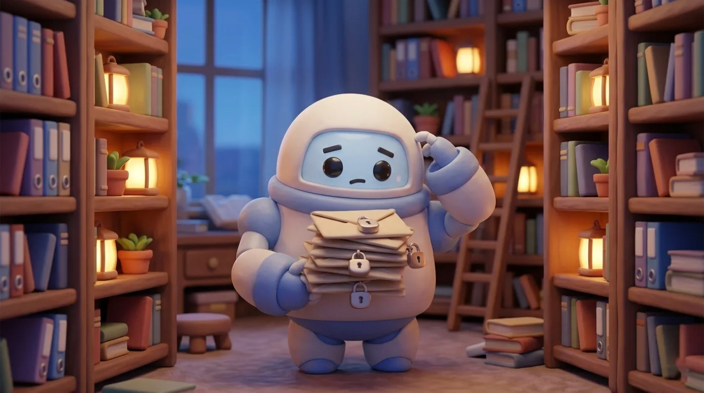 Robot-bibliotekarz trzyma stos zaklejonych kopert z kłódkami i nie może przeczytać żadnej z nich