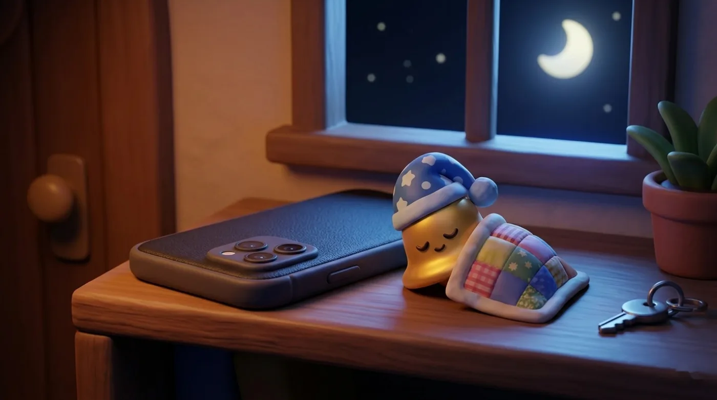 Telefon leży ekranem do dołu, a mały dzwonek śpi obok w szlafmycy