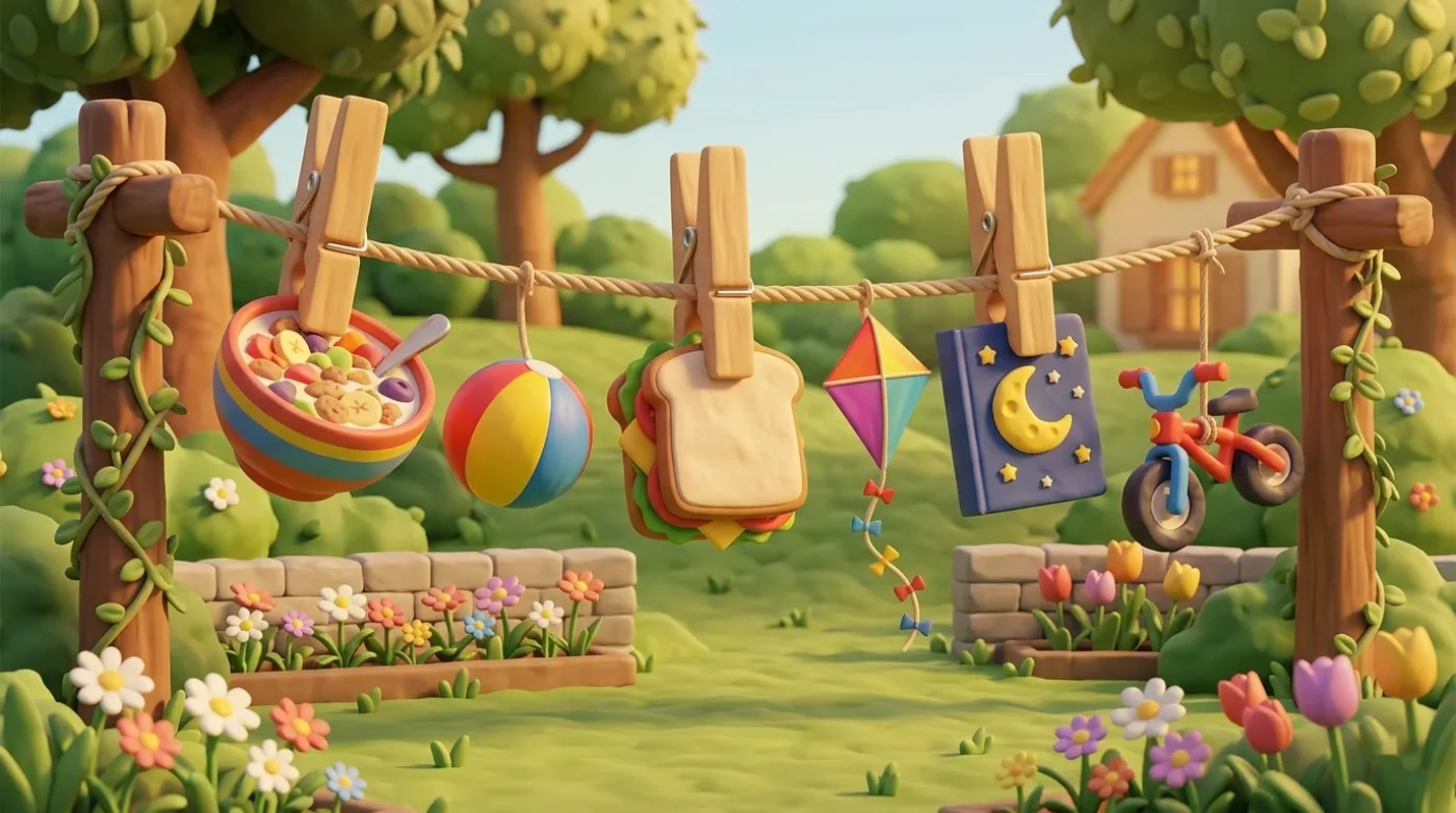 A summer day on a clothesline: three anchors — breakfast, lunch and a bedtime book — with free play in between