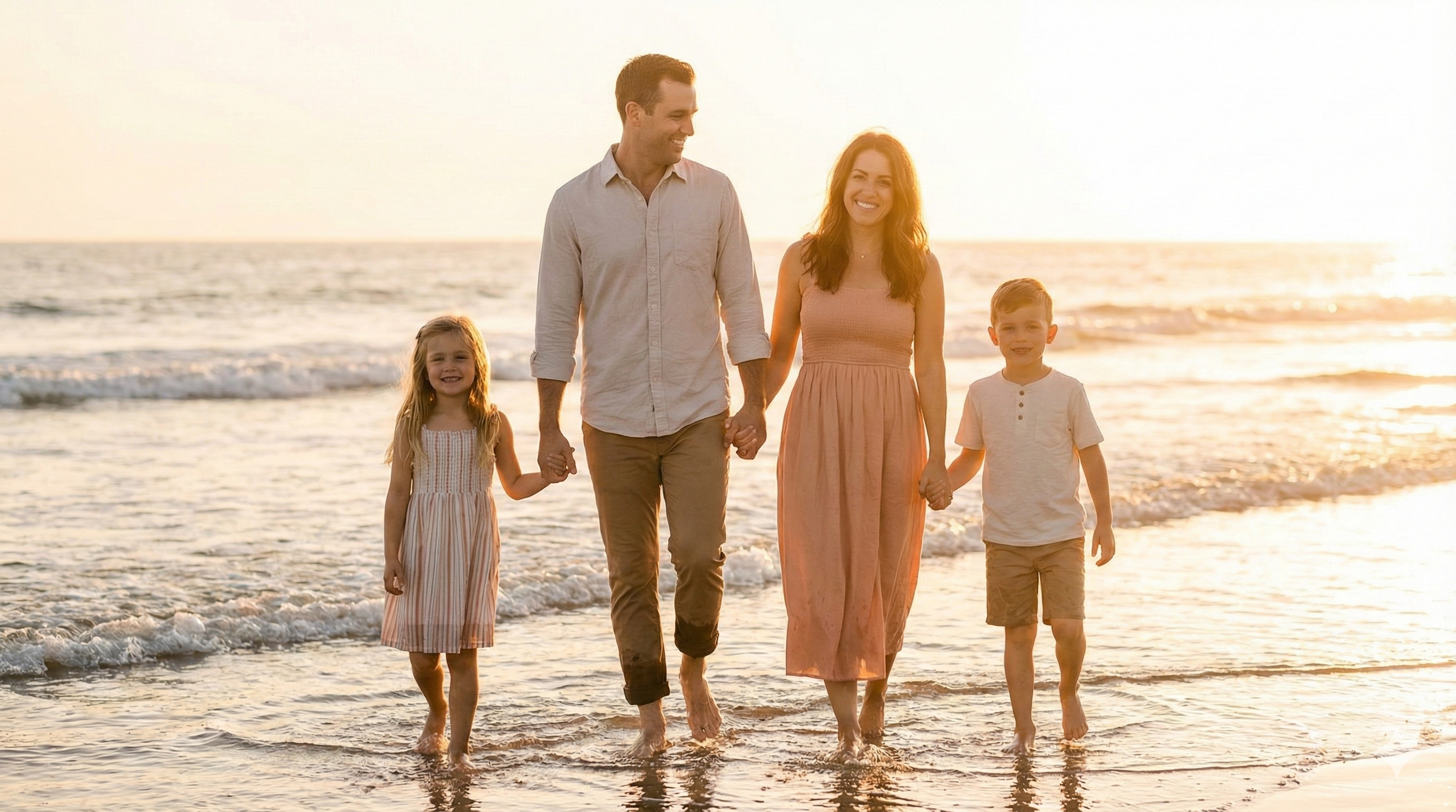 Family walking together on the beach at golden sunset